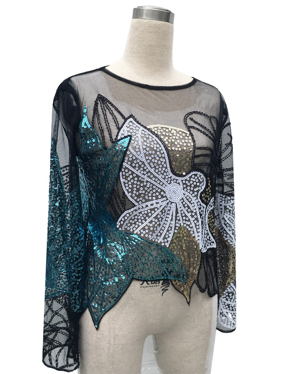 Heavy industry studded sequin top thin long sleeved irregular floral women's lace small shirt