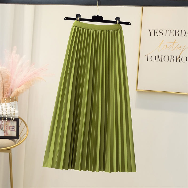 High waisted pleated skirt women's mid length A-line skirt draped and loose large hem skirt