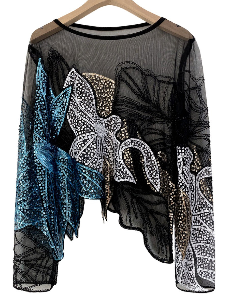 Heavy industry studded sequin top thin long sleeved irregular floral women's lace small shirt