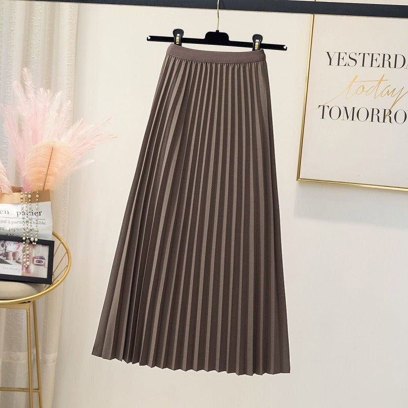 High waisted pleated skirt women's mid length A-line skirt draped and loose large hem skirt