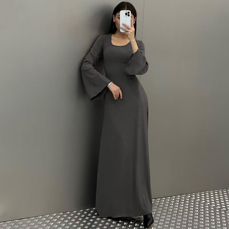 Women's New Autumn New Product Fashion Loose U-neck Back Lace up Long sleeved Dress