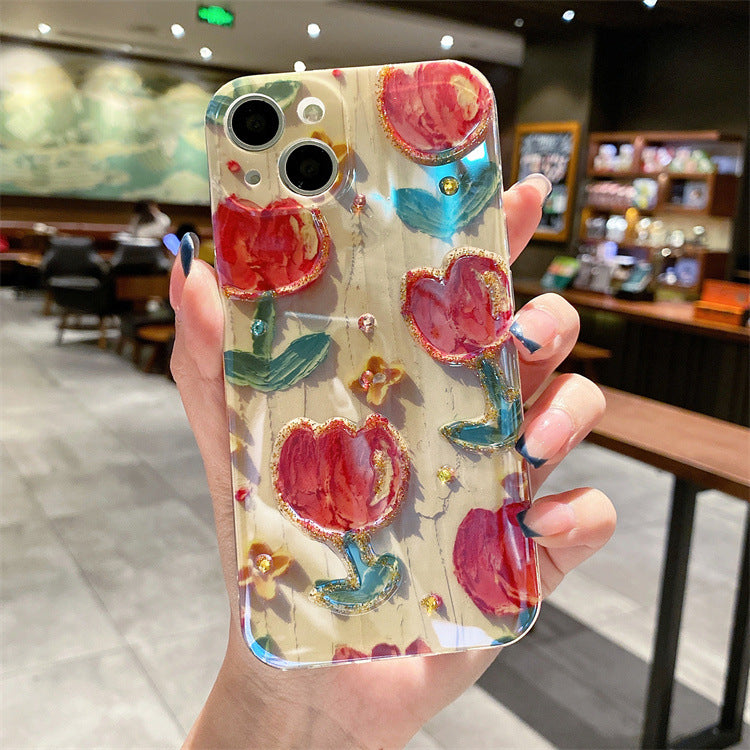 Small fresh tulip x suitable for Apple 13Pro Max mobile phone case iphone11 flash drill 12 drops of glue XR