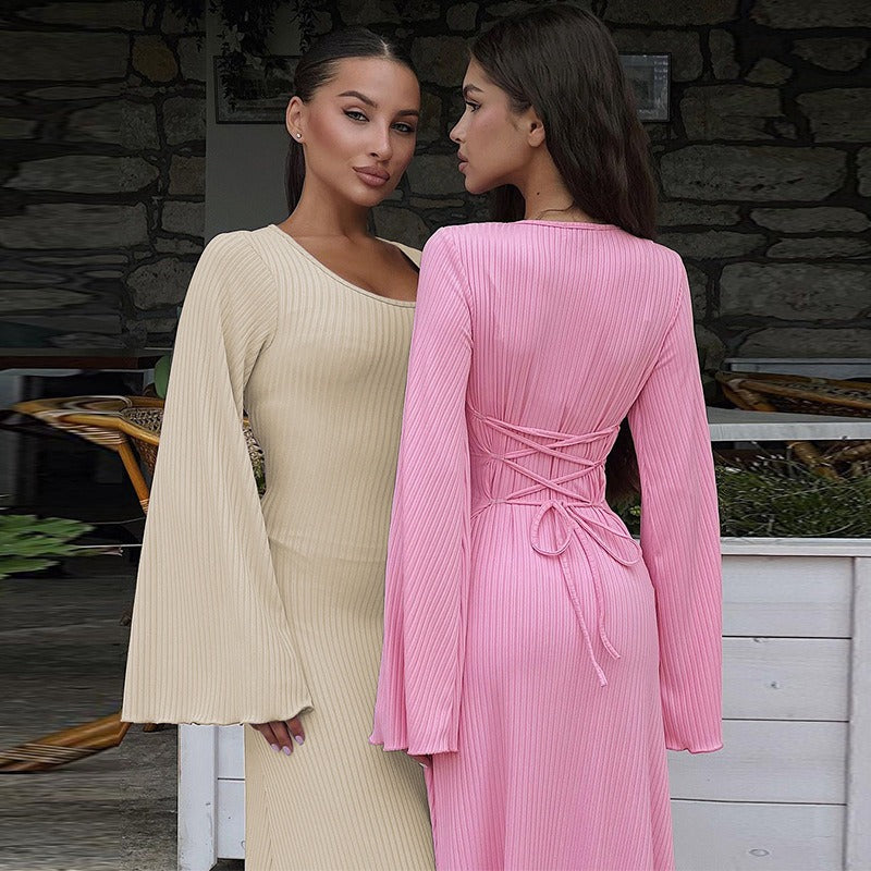Women's New Autumn New Product Fashion Loose U-neck Back Lace up Long sleeved Dress